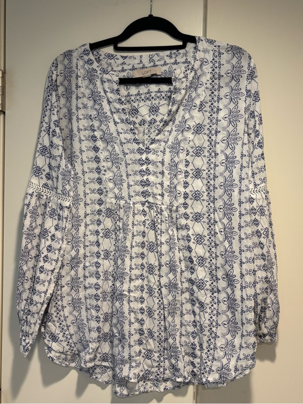 LOFT White Tunic with Blue Floral Print